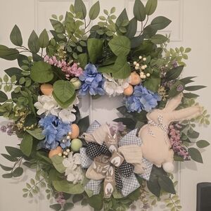 Spring Floral Easter Wreath with Bunny Accents